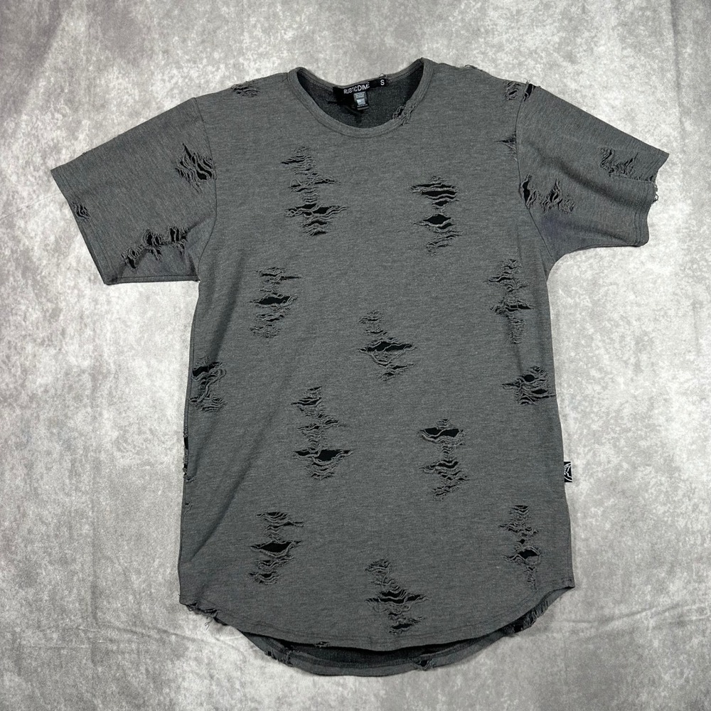 Rustic Dime Mens Small Grey Distressed T-Shirt Shredded Curved Hem Made in USA